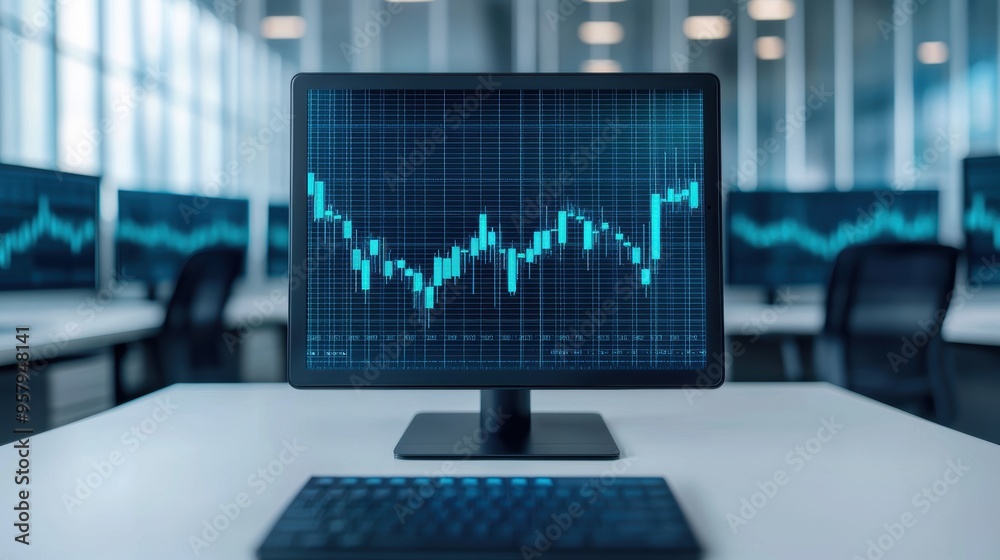 Future Investment Strategies: Digital Display in Corporate Office with Selective Focus on Growth Visualization, Copy Space. Future Investment Strategies: Digital Display in Corporate Office with Selective Focus on Growth Visualization, Copy Space.