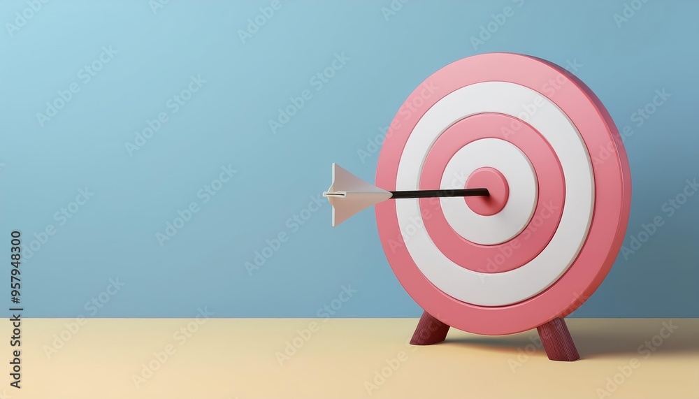 A single arrow hitting the center of a red and white target, symbolizing accuracy, precision, and success on a pastel background. A single arrow hitting the center of a red and white target, symbolizing accuracy, precision, and success on a pastel background.