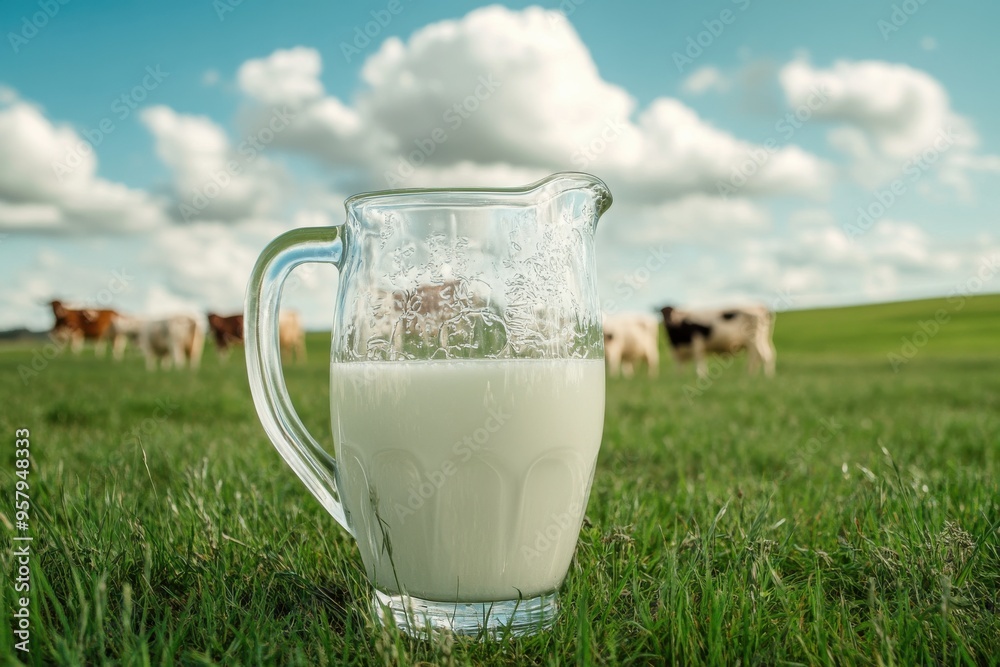 A glass pitcher of fresh milk placed on a grassy field, with cows grazing in the background under A glass pitcher of fresh milk placed on a grassy field, with cows grazing in the background under