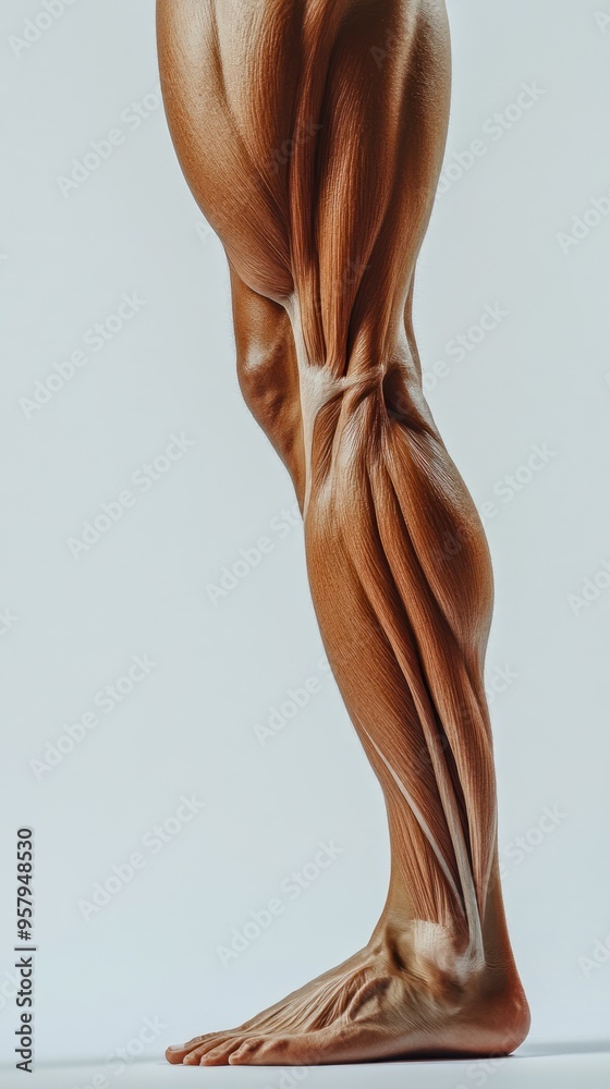 Close-up of a muscular male leg, showcasing defined calf muscles and tendons, against a white background. Close-up of a muscular male leg, showcasing defined calf muscles and tendons, against a white background.