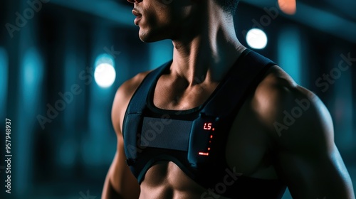 Wearable chest strap sensor on a runner, showing digital metrics like oxygen consumption and muscle fatigue, minimalist background photo