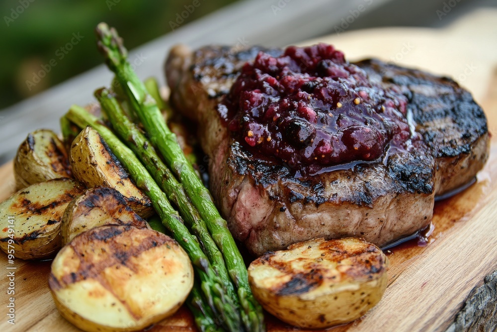 A grilled steak topped with a berry sauce, served with roasted potatoes and grilled asparagus. A grilled steak topped with a berry sauce, served with roasted potatoes and grilled asparagus.