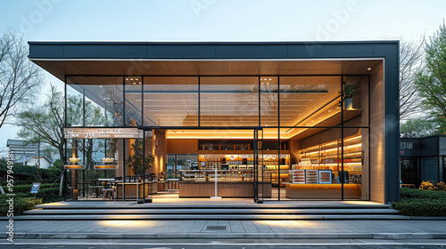 Beverage shop entrance design, with a glass curtain wall. Generative AI.