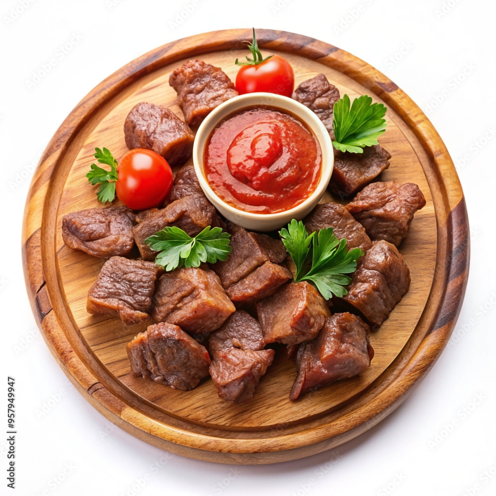 Meat cubes with tomato and sauce on wooden board. Meat cubes with tomato and sauce on wooden board.