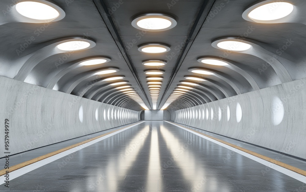 3D rendering of an interior space of a modern subway station