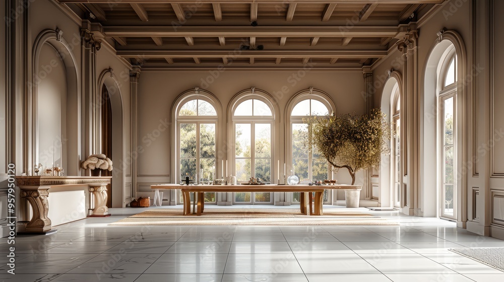 Fototapeta premium Big dining room, Interior Design, big space and high ceilings and elegant. Generative AI.
