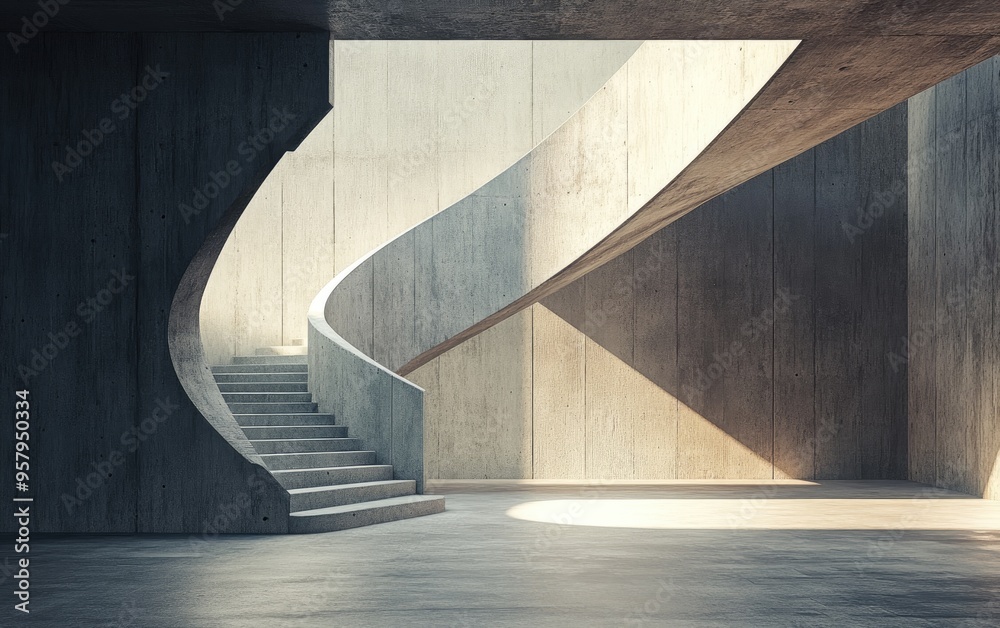 Abstract interior space with concrete elements 3D rendering and illustration of architectural design Abstract interior space with concrete elements 3D rendering and illustration of architectural design
