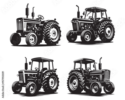 A tractor Vector black clipart isolated on a white background, A farm Tractor Silhouette
