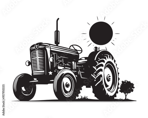 A tractor Vector black clipart isolated on a white background, A farm Tractor Silhouette
