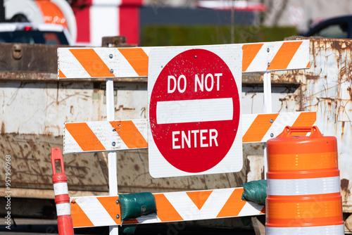 Do not enter warning street sign near ongoing construction sight. high quality photo for download photo