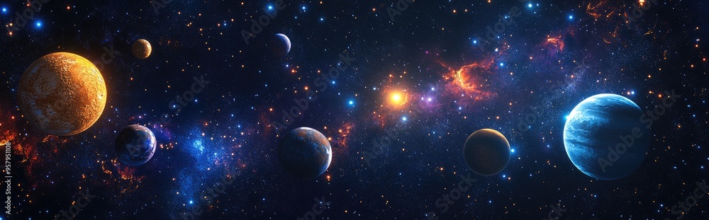 2D illustration featuring a 3D cartoon rendering of vast deep space filled with bright stars planets and moons Creative science fiction backdrops depicting alien solar systems and distant cosmic l