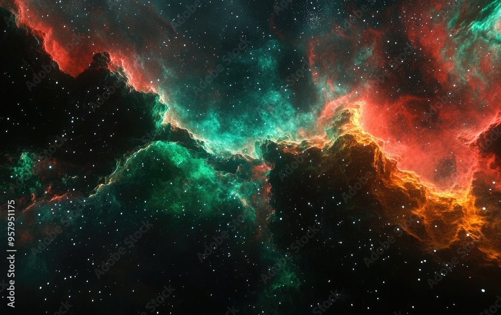 Concept idea in 8K 3D illustration of a nebula showcasing black green blue and red hues in space