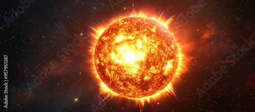 3D illustration of a cartoon rendering of the sun in outer space showcasing artistic concepts with powerful flares star protuberances and erupting magnetic storms and plasma flashes on the solar su photo