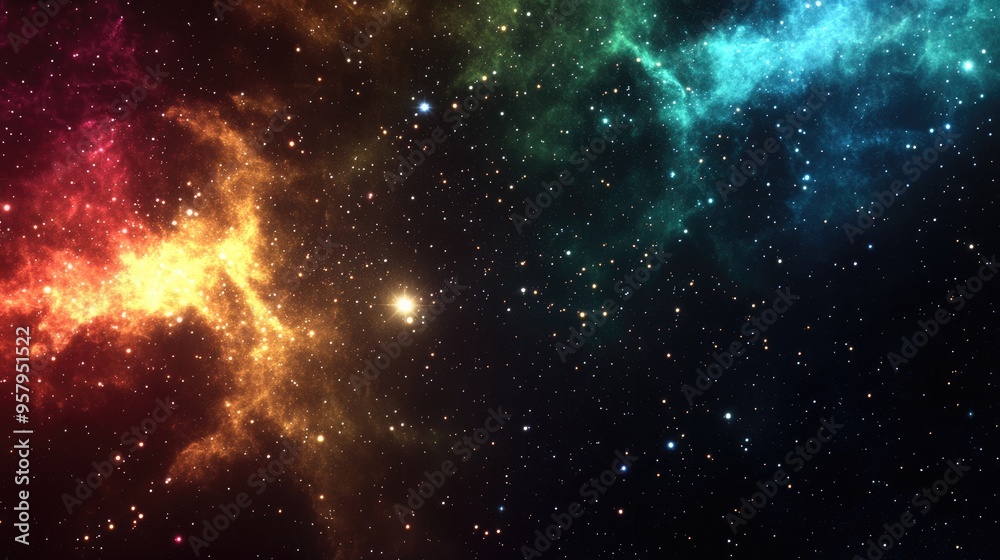 Bright and vibrant multicolor starfield showcases a deep space nebula with stars featuring star clusters and an infinite outer space background in this 3D cartoon rendering Bright and vibrant multicolor starfield showcases a deep space nebula with stars featuring star clusters and an infinite outer space background in this 3D cartoon rendering