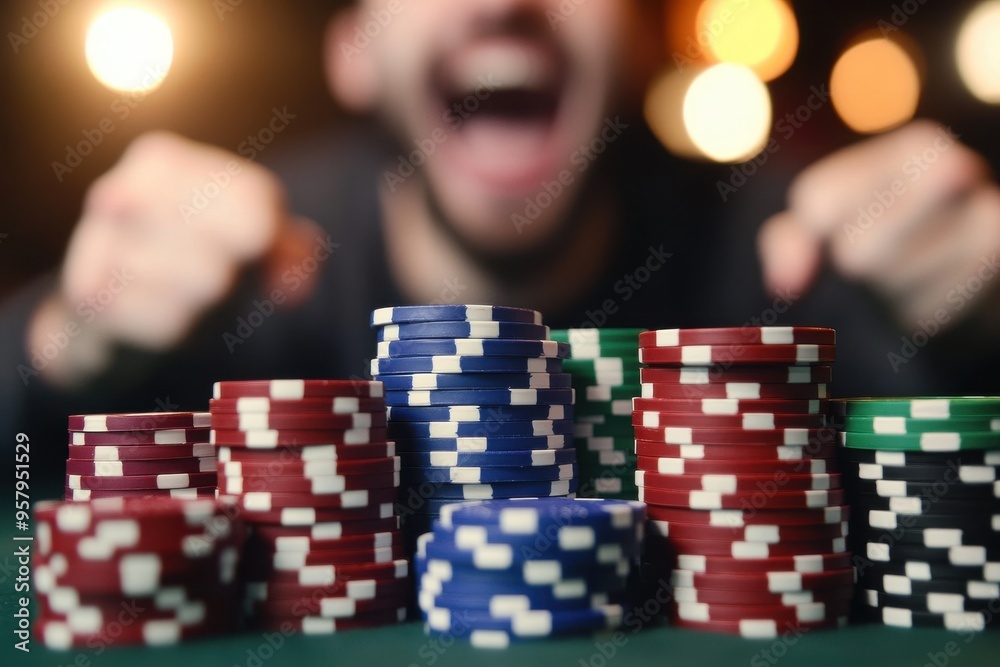 A man celebrating at a casino table with stacks of poker chips in front of him. The chips are neatly A man celebrating at a casino table with stacks of poker chips in front of him. The chips are neatly