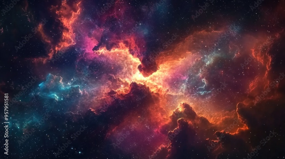 Colorful nebula in outer space depicted through 3D cartoon rendering Colorful nebula in outer space depicted through 3D cartoon rendering