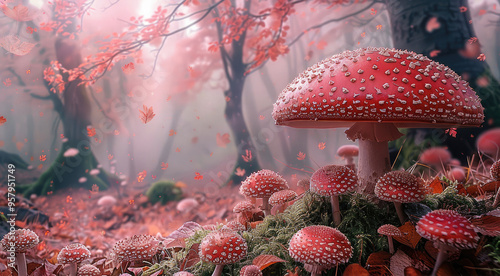 Red mushrooms in the fey wild. Pink leaves on trees, pale green grass. Generative AI. photo