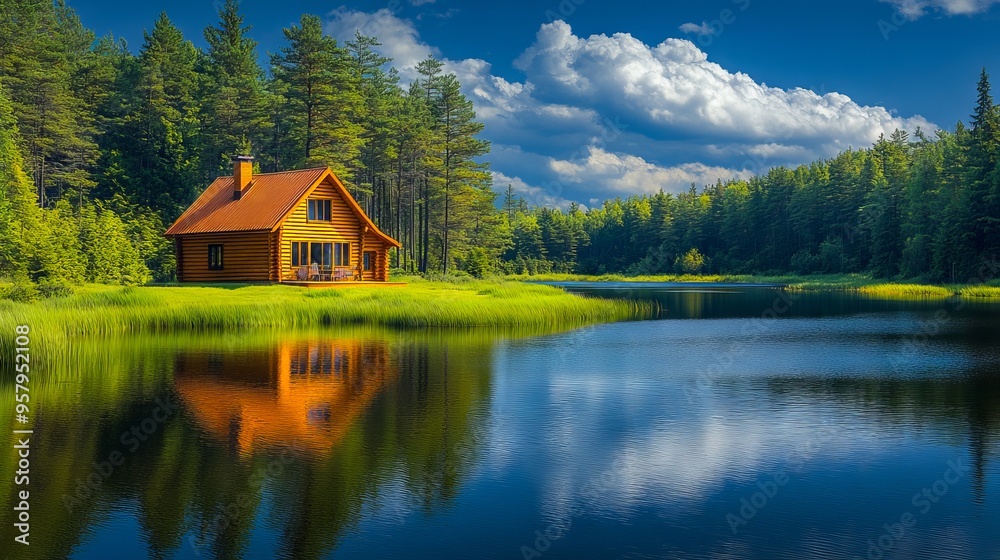 Fototapeta premium A small cabin sits in the middle of a lake surrounded by trees