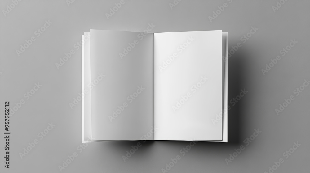 “A blank half-folded booklet, postcard, flyer, or brochure mockup template set against a gray background, providing a clean and neutral canvas for showcasing design concepts “A blank half-folded booklet, postcard, flyer, or brochure mockup template set against a gray background, providing a clean and neutral canvas for showcasing design concepts