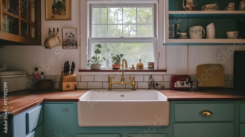 Timeless Vintage Kitchen with Enamel Sink and Brass Fixtures