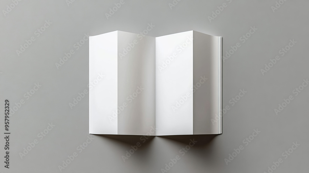 A blank half-folded booklet, postcard, flyer, or brochure mockup template set against a gray background, providing a clean and neutral canvas for showcasing design concepts A blank half-folded booklet, postcard, flyer, or brochure mockup template set against a gray background, providing a clean and neutral canvas for showcasing design concepts
