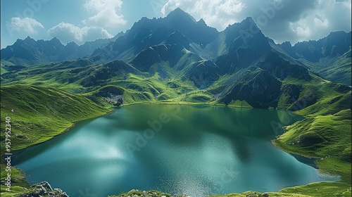 Fototapeta Naklejka Na Ścianę i Meble -  The green lake, surrounded by towering peaks, is located on an isolated mountain peak. Generative AI.