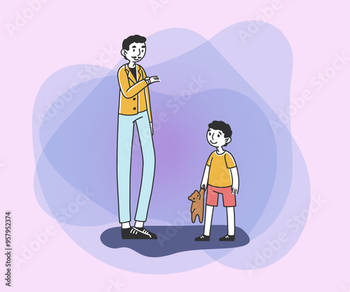 Busy father and son with teddy bear flat vector illustration. Boy wanting to play with his father, man hurry to work. Family, generation concept