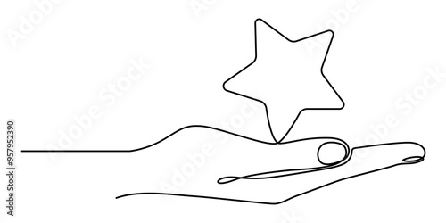 hand holding a star, Hand holds star continuous line drawing. Human arms palms. Vector illustration isolated on white, Cartoon of businesswoman holding golden yellow star to added to 5 stars rating.