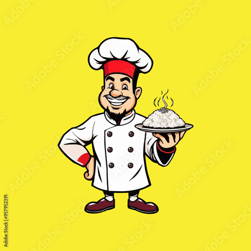 chef mascot logo design. Chef Design vector Logo illustration, Restaurant logo. Cartoon smiling chef character with food 