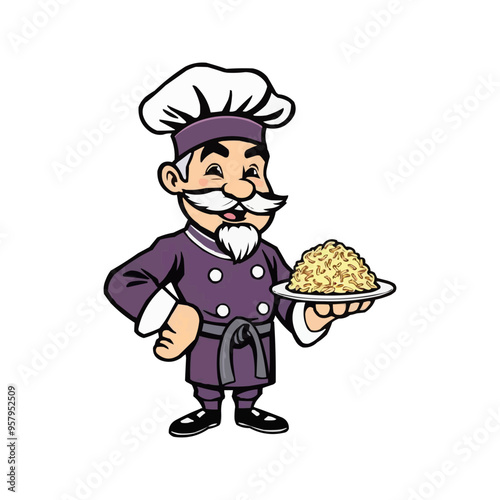chef mascot logo design. Chef Design vector Logo illustration, Restaurant logo. Cartoon smiling chef character with food 