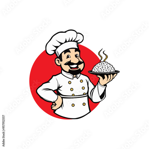 chef mascot logo design. Chef Design vector Logo illustration, Restaurant logo. Cartoon smiling chef character with food 