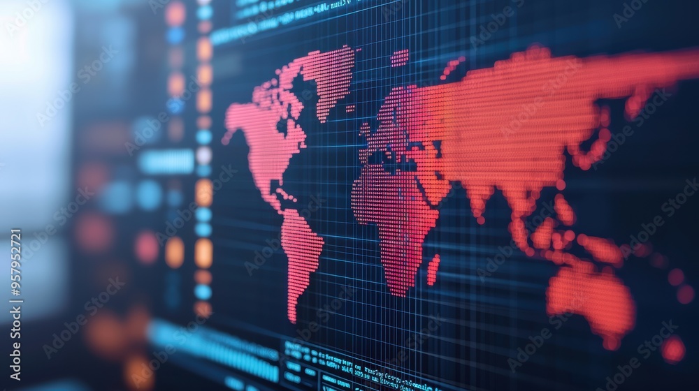 Obraz premium Futuristic Global Financial Trends Visualization with Virtual World Map Holographic Data Points in Ultra HD Quality with Copy Space