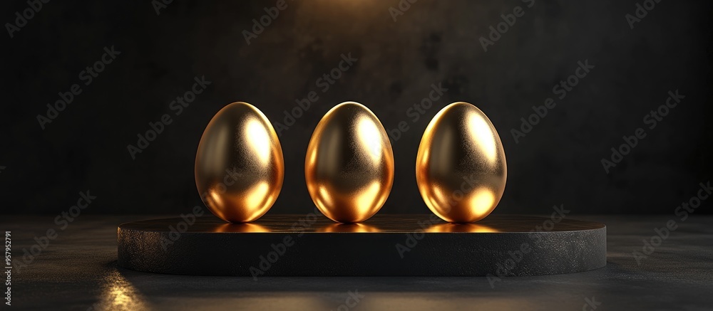 Golden Easter eggs displayed on a product podium with spotlight on a black surface Luxury gold and bronze pedestal backdrop for an Easter holiday product showcase mockup 3D rendered illustration Golden Easter eggs displayed on a product podium with spotlight on a black surface Luxury gold and bronze pedestal backdrop for an Easter holiday product showcase mockup 3D rendered illustration