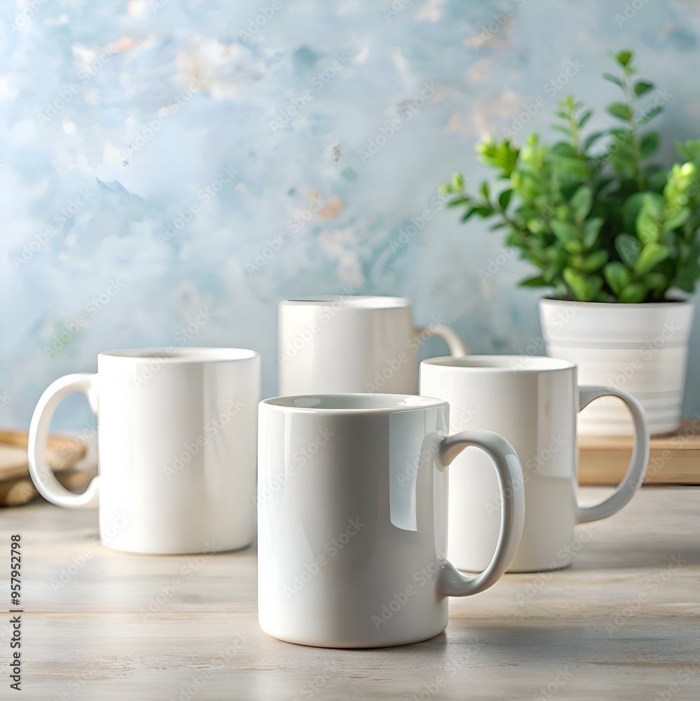 Four blank white coffee mugs on a rustic wooden table. perfect for showcasing your designs or branding. Four blank white coffee mugs on a rustic wooden table. perfect for showcasing your designs or branding.