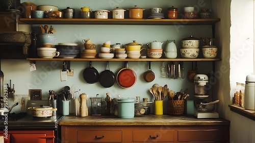 Vintage Kitchen Shelves Showcasing Retro Cookware Collection