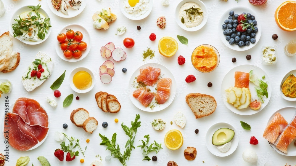 Numerous nutritious foods arranged in a flat, white tablecloth Numerous nutritious foods arranged in a flat, white tablecloth