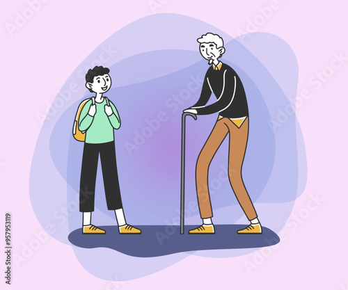 Happy grandfather and grandson flat vector illustration. Male characters in ages of schoolboy and old person. Teenager with backpack and senior man with cane. Generation, family concept