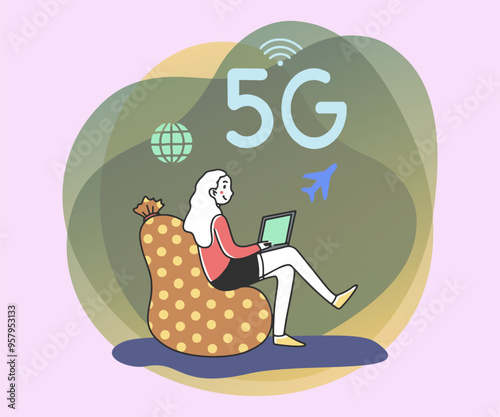 Girl with laptop sitting in bean bag chair. Mobile phone user enjoying 5G high speed wireless internet connection. Vector illustration for interaction, telecom, network, smart technology concept