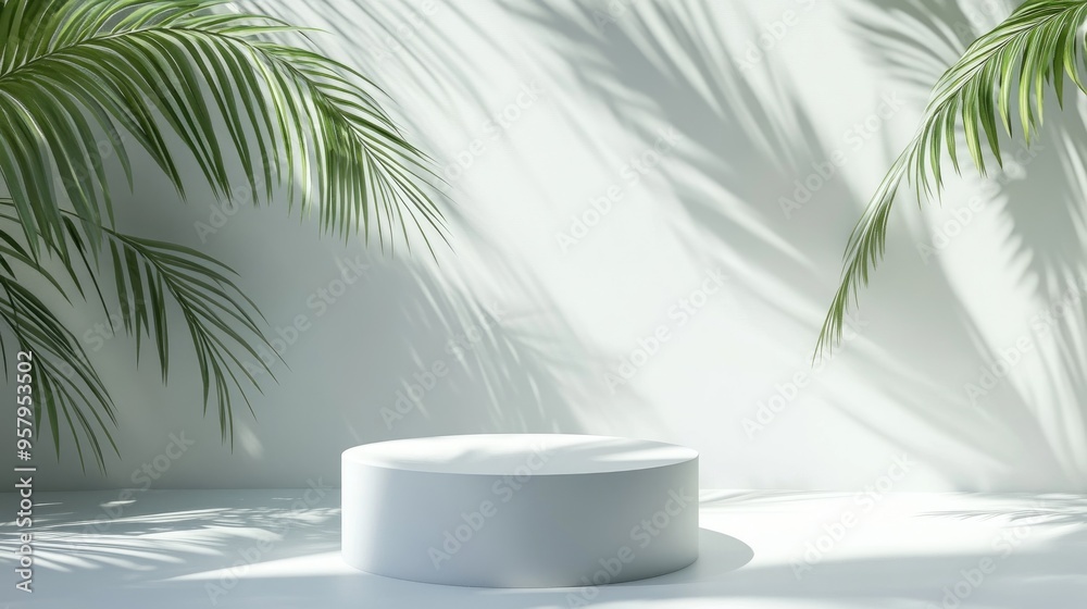 White blank cylindrical podium or pedestal for product display with palm leaf shadows Summer theme 3D render White blank cylindrical podium or pedestal for product display with palm leaf shadows Summer theme 3D render