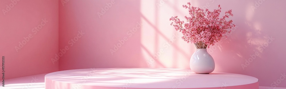 White circular podium with a pink backdrop and a flower vase beside it 3D rendering White circular podium with a pink backdrop and a flower vase beside it 3D rendering