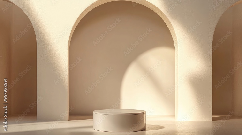 Realistic 3D illustration of a cylindrical podium set in an archway Ideal for product presentation or mock up showcasing cosmetic items Exhibition platform for promotional displays Realistic 3D illustration of a cylindrical podium set in an archway Ideal for product presentation or mock up showcasing cosmetic items Exhibition platform for promotional displays