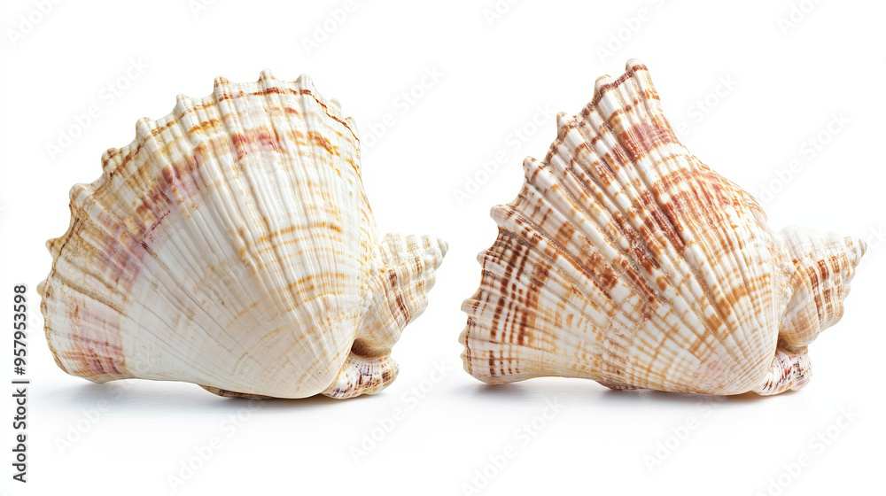 Both sides of a sea shell displayed against a white background, showcasing the intricate patterns and natural beauty of the shell from different angles Both sides of a sea shell displayed against a white background, showcasing the intricate patterns and natural beauty of the shell from different angles