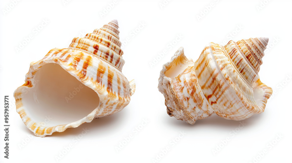 Both sides of a sea shell displayed against a white background, showcasing the intricate patterns and natural beauty of the shell from different angles Both sides of a sea shell displayed against a white background, showcasing the intricate patterns and natural beauty of the shell from different angles