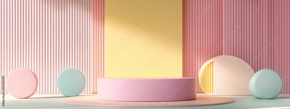 Abstract pastel colored mockup scene featuring geometric shapes and a podium background for product display 3D rendering Abstract pastel colored mockup scene featuring geometric shapes and a podium background for product display 3D rendering