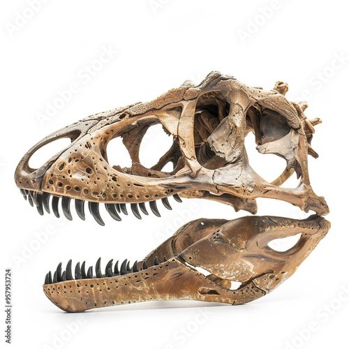 A dinosaur skull stands alone on a transparent  photo