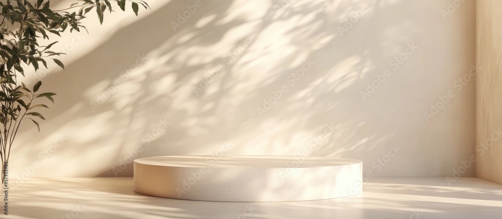 Empty beige and white podium illuminated by dappled sunlight with leaf foliage shadows on a cream wall and floor creating a backdrop suitable for luxury organic cosmetic and skincare product displ Empty beige and white podium illuminated by dappled sunlight with leaf foliage shadows on a cream wall and floor creating a backdrop suitable for luxury organic cosmetic and skincare product displ