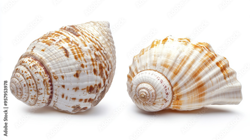 Both sides of a sea shell displayed against a white background, showcasing the intricate patterns and natural beauty of the shell from different angles Both sides of a sea shell displayed against a white background, showcasing the intricate patterns and natural beauty of the shell from different angles