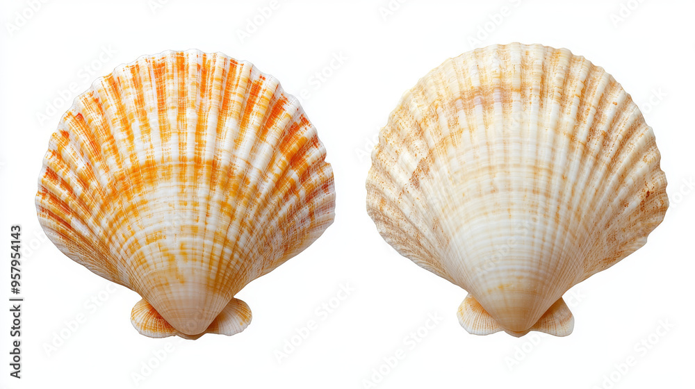 Both sides of a sea shell displayed against a white background, showcasing the intricate patterns and natural beauty of the shell from different angles Both sides of a sea shell displayed against a white background, showcasing the intricate patterns and natural beauty of the shell from different angles