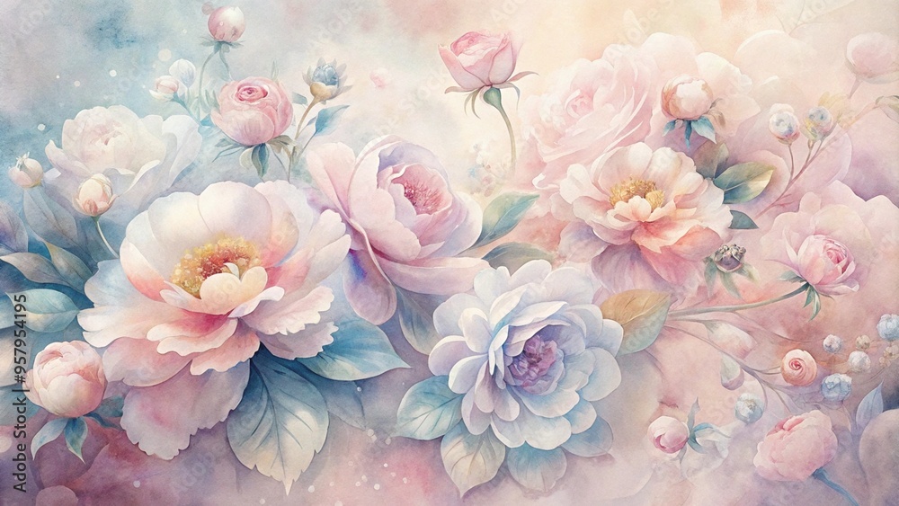 Watercolor flowers in soft pastel tones, evoking serenity and beauty on delicate background Watercolor flowers in soft pastel tones, evoking serenity and beauty on delicate background