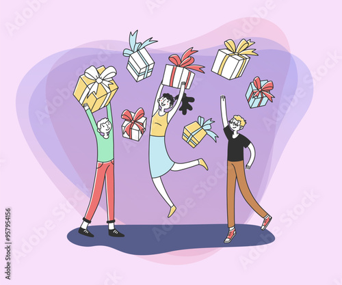 Loyal store customers getting reward. Young people celebrating, holding gifts. Vector illustration for retail, loyalty program, promotion, bonus concept